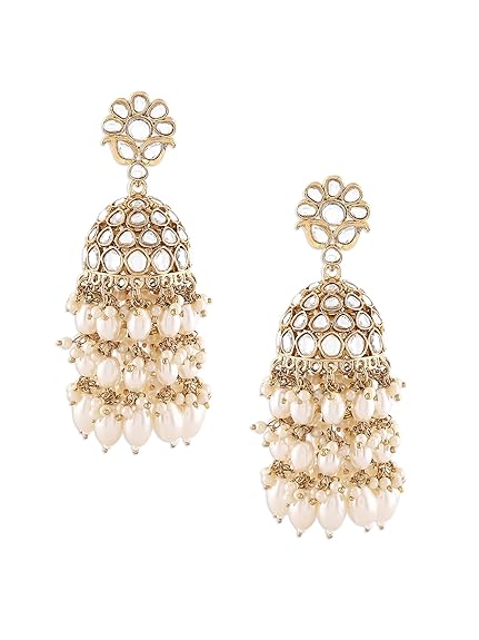 Gold Tone Kundan Pearl Jhumka Earrings