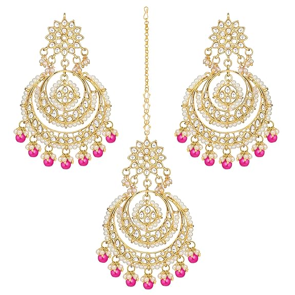Mang Tikka for Women in Traditional Rhodium Kundan & Pearl Earring Set Design