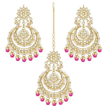 Mang Tikka for Women in Traditional Rhodium Kundan & Pearl Earring Set Design