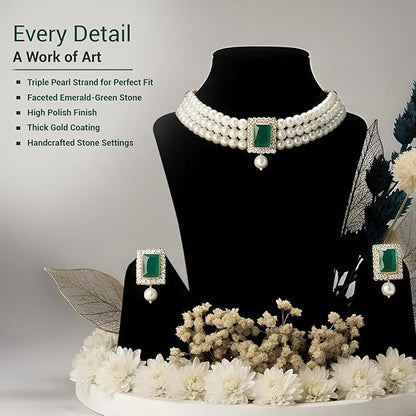 Pearl Choker Necklace in Gold Plated Traditional Stone and Pearl Choker Necklace Jewellery Set for Women