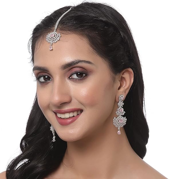 Diamond Mang Tikka in Rose Gold Plated American Diamond Studded Maang Tikka & Earrings Jewellery Set