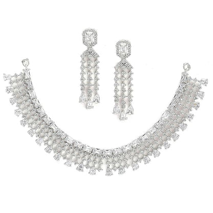 American Diamond Choker Set in Floral Design AD Studded Choker Necklace with Earrings for Women and Girls