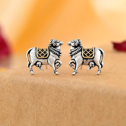 Small Silver Stud Earrings in Oxidised Dual Tone Festive Everyday Design for Women