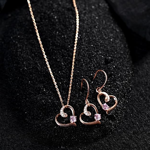 Pink Heart Jewelry Set in Sterling Silver Pendant and Earring Design with Rose Gold Plated Swiss Zirconia