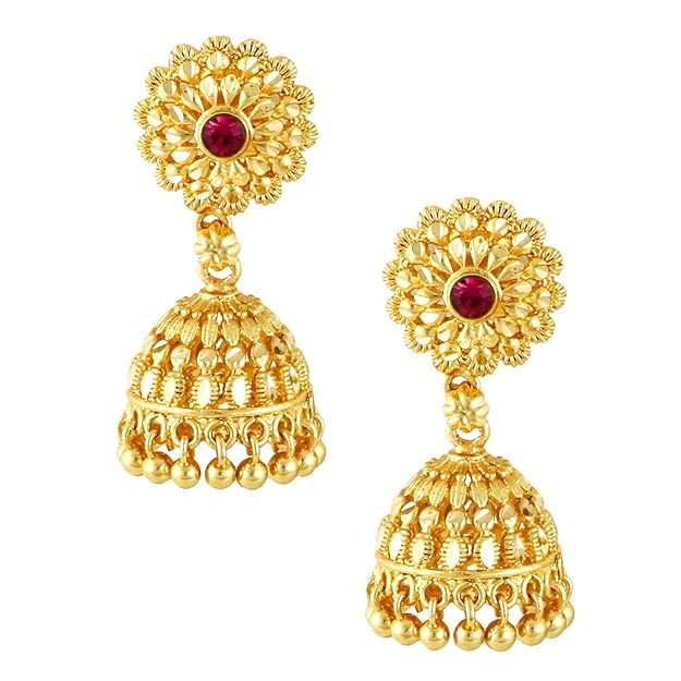 Ethnic Brass South Indian Screw Back Studs Round Ruby Jhumkas Set