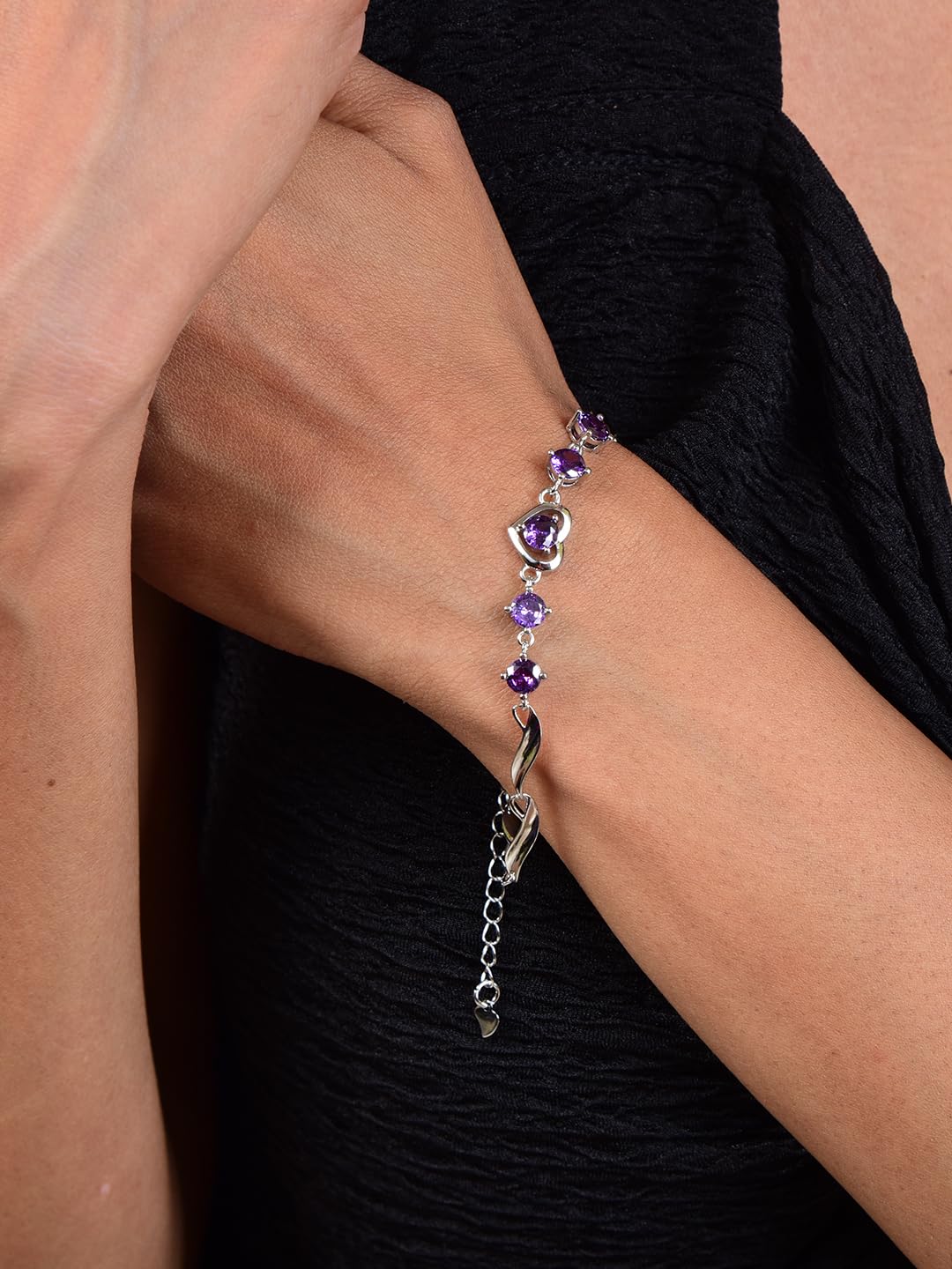 Copper Sterling Silver Plated Heart Shape Designed Charm Bracelet for Women (Purple Color)