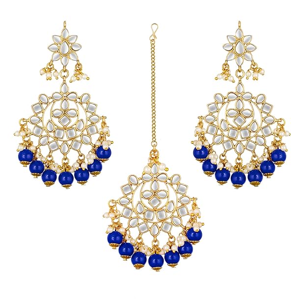 Maang Tikka with Pearl in Gold Plated Kundan Blue Faux Pearl Wedding Set