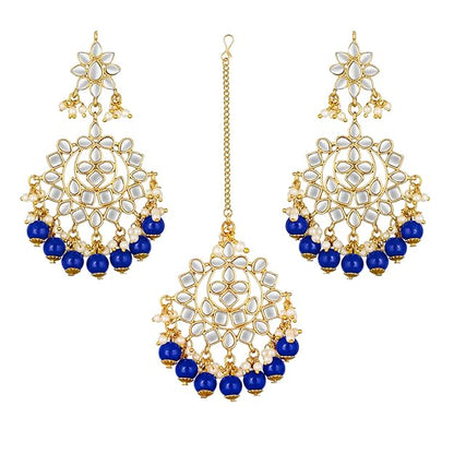 Maang Tikka with Pearl in Gold Plated Kundan Blue Faux Pearl Wedding Set