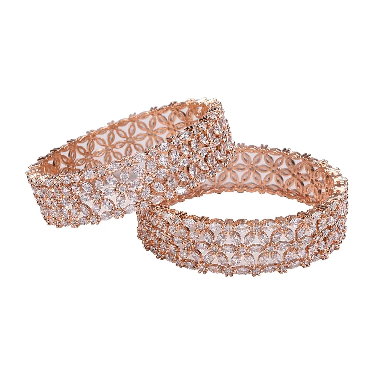 Beautiful CZ Studded Rose Gold Plated Traditional White Heavy Kada Bangles Set for Women