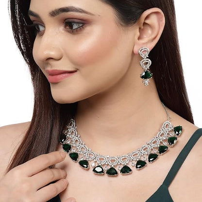 AD Necklace Set in Rhodium Plated Silver Toned Red and White American Diamond Studded Choker Necklace with Drop Earrings