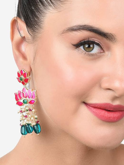 Green Beads Pink Meenakari Lotus Drop Earrings
