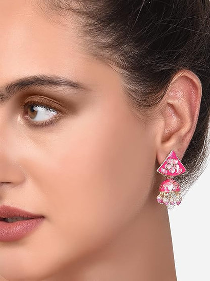 Blue And Pink Meenakari Jhumki Earrings Set Of 2