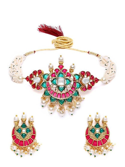 Meenakari Choker Pink Green Choker Pearl Set