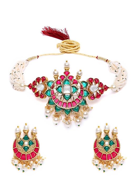Meenakari Choker Pink Green Choker Pearl Set