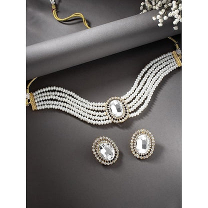Choker Necklace in Gold Plated Traditional Stone Studded Pearl Choker Necklace Jewellery Set for Women and Girls
