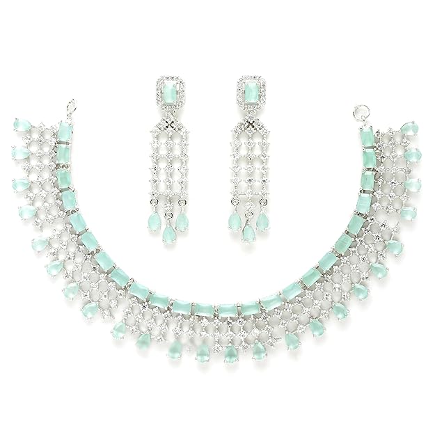 American Diamond Choker Set in Floral Design AD Studded Choker Necklace with Earrings for Women and Girls