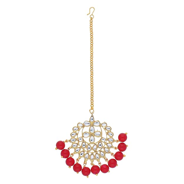 Bridal Mang Tika in Gold Plated Pearl and Kundan Studded Earring Set