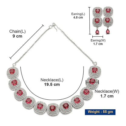 AD Set Jewellery in Rhodium Plated Silver Toned Triangular Shaped American Diamond Studded Jewellery Set