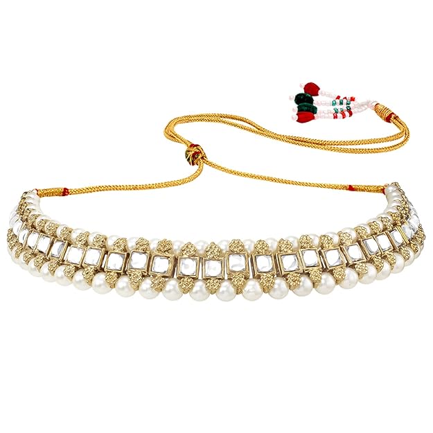 Necklace for Bride in Traditional Gold Plated Kundan Choker Necklace with Stud Earrings and Maang Tikka Jewellery Set