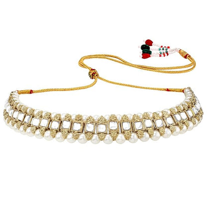 Necklace for Bride in Traditional Gold Plated Kundan Choker Necklace with Stud Earrings and Maang Tikka Jewellery Set