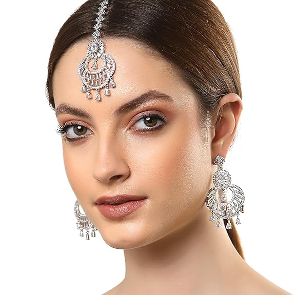 American Diamond Chandbali Earrings in Rhodium Plated Stylish Shiny Round Design Maang Tikka Set