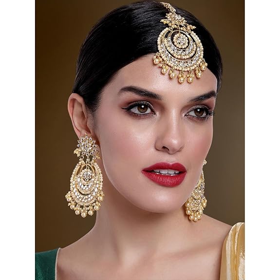 Mang Tikka for Women in Traditional Rhodium Kundan & Pearl Earring Set Design