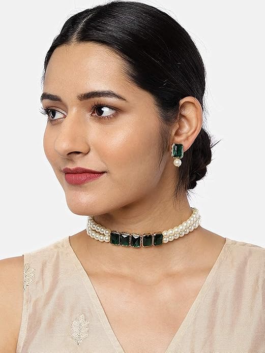 Indian Pearl Necklace in 18K Gold Plated Traditional Crystal Stone and Pearl Studded Choker Necklace Jewellery Set for Women