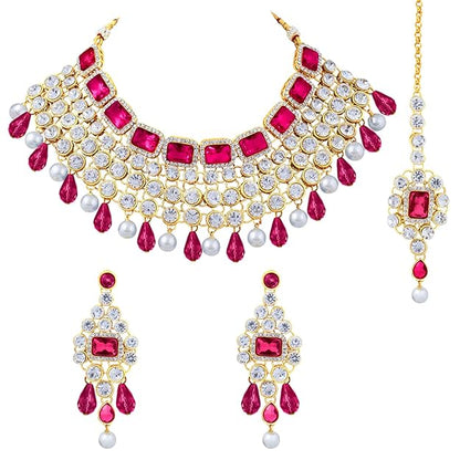 Crystal Choker Necklace with Maang Tikka and Earrings Indian Traditional Bridal Wedding Jewellery Set for Women