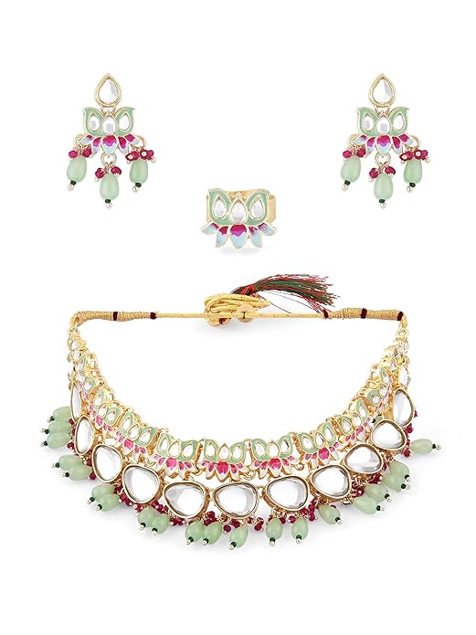 Lotus Green Pink Meenakari Necklace Earring Set