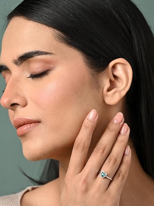 Heart Shaped Silver Ring in Pure 925 Sterling Silver Green Heart Solitaire Design with Adjustable Band