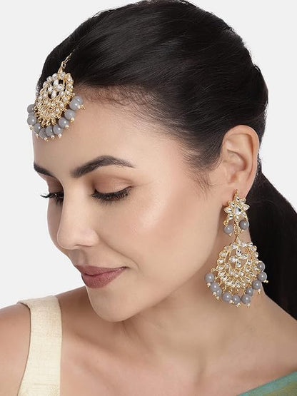 Bridal Mang Tika in Gold Plated Pearl and Kundan Studded Earring Set