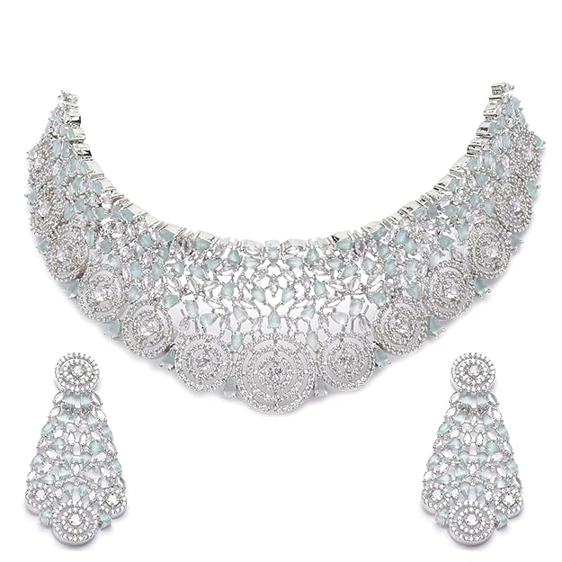 American Diamond Necklace Set in Rhodium Plated Silver Toned AD Choker Necklace with Earrings Jewellery Set for Women and Girls