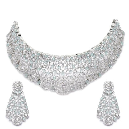 American Diamond Necklace Set in Rhodium Plated Silver Toned AD Choker Necklace with Earrings Jewellery Set for Women and Girls