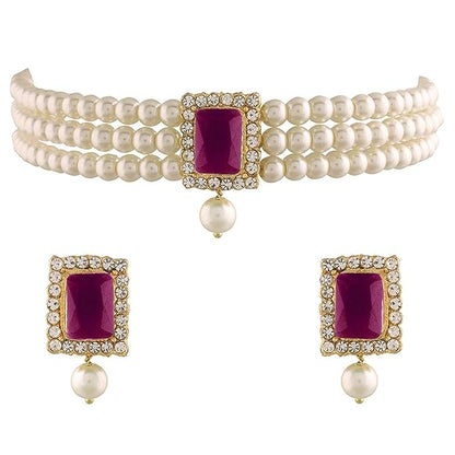 Pearl Choker Necklace in Gold Plated Traditional Stone and Pearl Choker Necklace Jewellery Set for Women