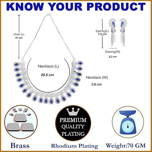 Blue American Diamond Necklace in Rhodium Plated Silver Toned White AD Studded Necklace and Earrings Jewellery Set