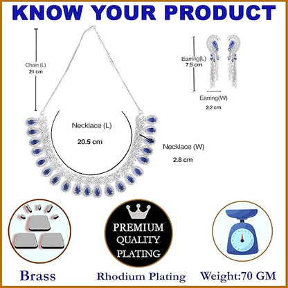 Blue American Diamond Necklace in Rhodium Plated Silver Toned White AD Studded Necklace and Earrings Jewellery Set