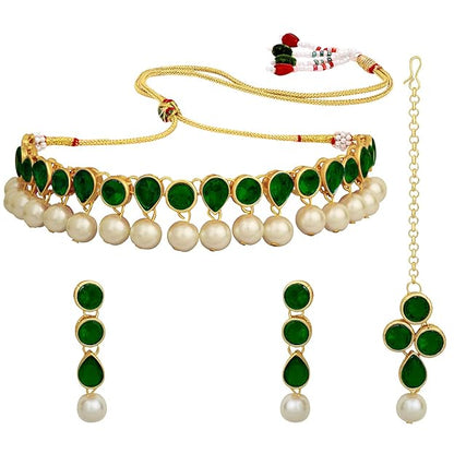 Kundan Jewellery Set in Traditional Kundan and Pearl Choker Necklace with Earrings and Maang Tikka Jewellery Set for Women and Girls