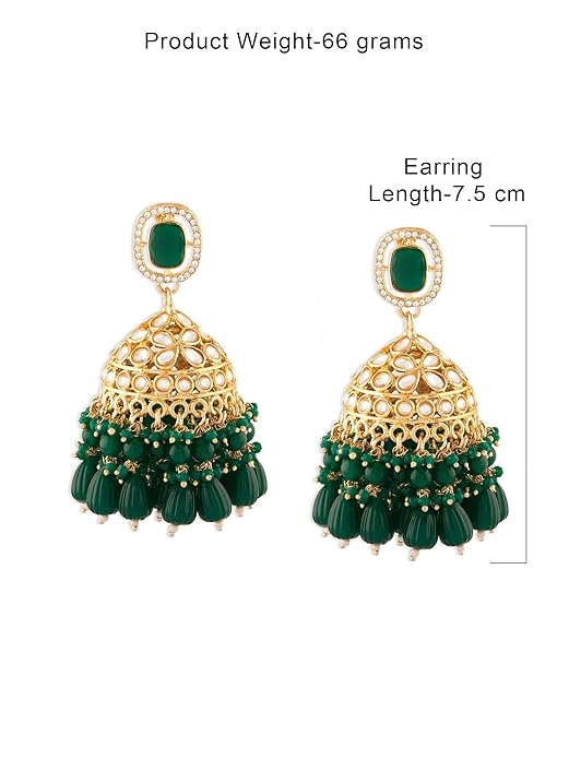 Green jhumka earrings with traditional Indian detailing