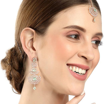 Diamond Mang Tikka in Rose Gold Plated American Diamond Studded Maang Tikka & Earrings Jewellery Set