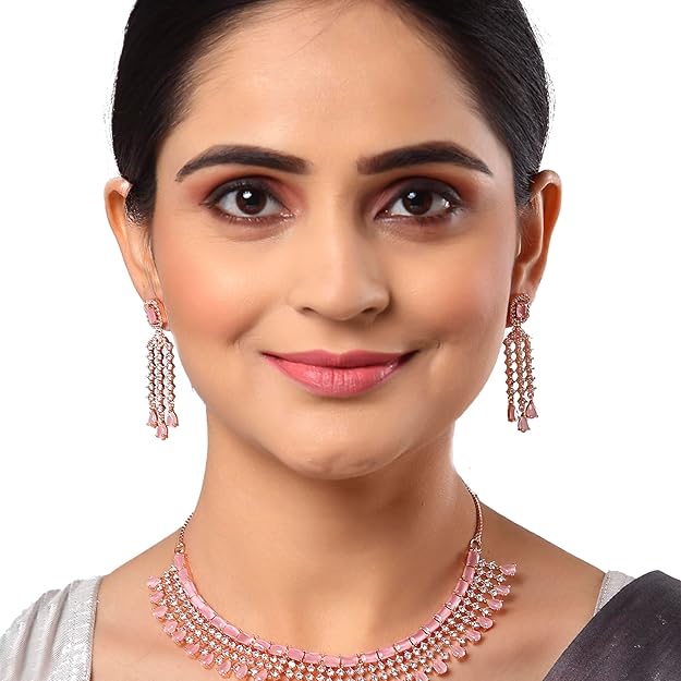 American Diamond Choker Set in Floral Design AD Studded Choker Necklace with Earrings for Women and Girls