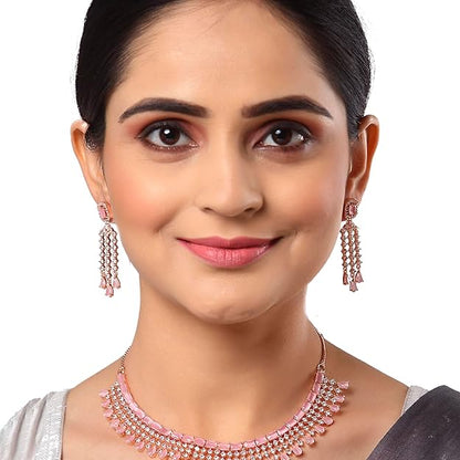 American Diamond Choker Set in Floral Design AD Studded Choker Necklace with Earrings for Women and Girls