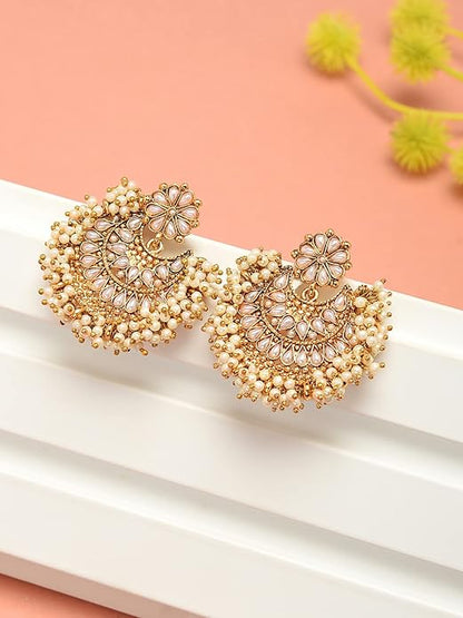 Gold Tone Pearl Beaded Ladies Dangle Earrings