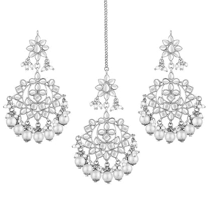 Maang Tikka with Pearl in Gold Plated Kundan Blue Faux Pearl Wedding Set