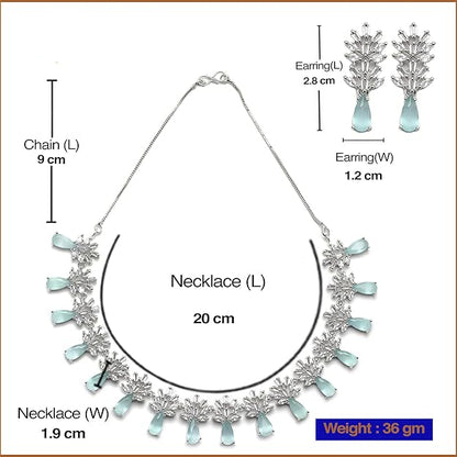 Jewelry set with necklace and earrings, including measurements and weight details, on a white background.