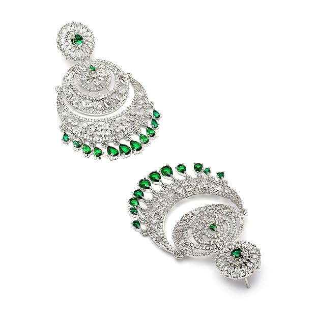 American Diamond Jewelry Set in Rose Gold Plated American Diamond Studded Maang Tikka & Earrings for Women and Girls