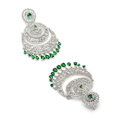 American Diamond Jewelry Set in Rose Gold Plated American Diamond Studded Maang Tikka & Earrings for Women and Girls