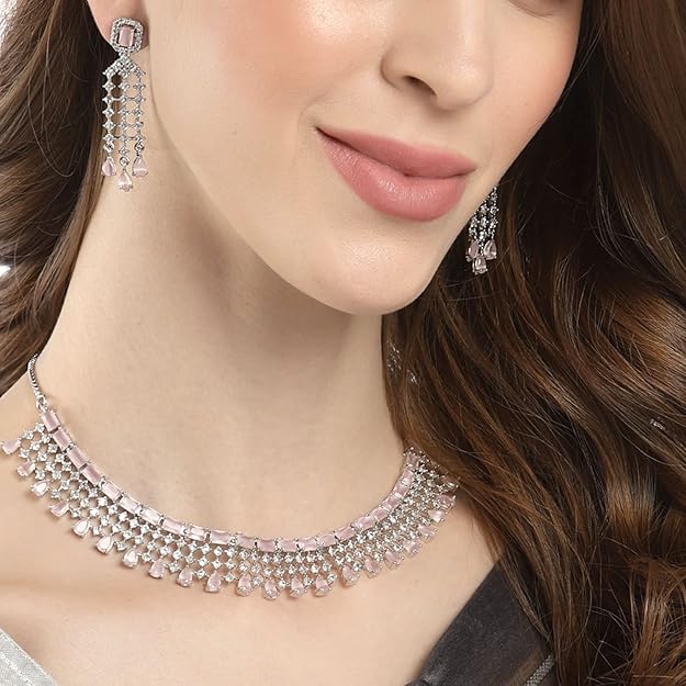 American Diamond Choker Set in Floral Design AD Studded Choker Necklace with Earrings for Women and Girls