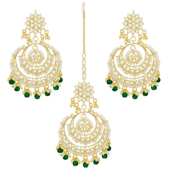 Mang Tikka for Women in Traditional Rhodium Kundan & Pearl Earring Set Design