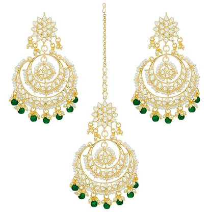 Mang Tikka for Women in Traditional Rhodium Kundan & Pearl Earring Set Design