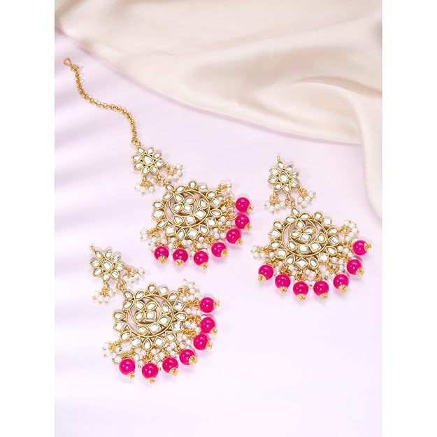 Maang Tikka with Pearl in Gold Plated Kundan Blue Faux Pearl Wedding Set